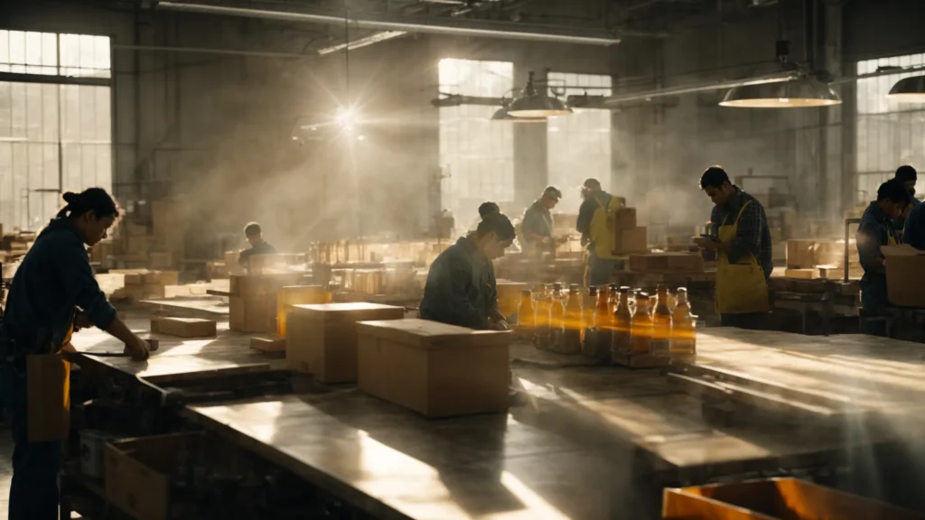 sunlight streams through factory windows illuminating workers assembling eco-friendly products.